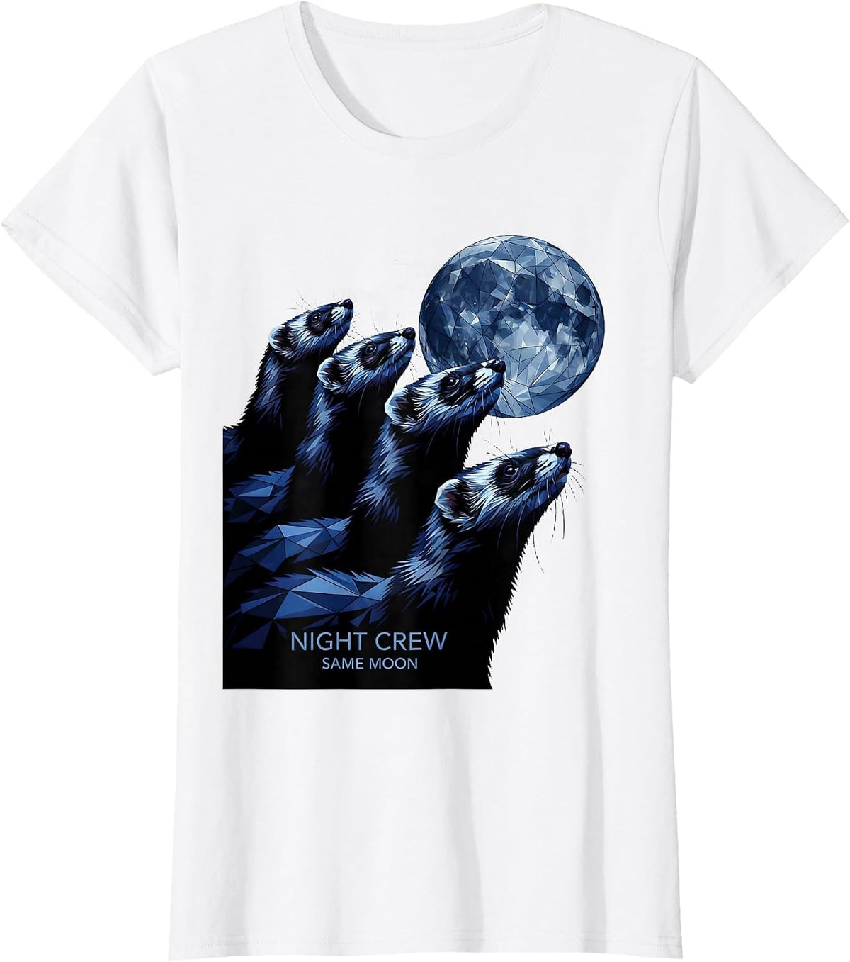 Night Crew, Same Moon Geometric Ferret Wildlife Lover Meme T-Shirt - White
