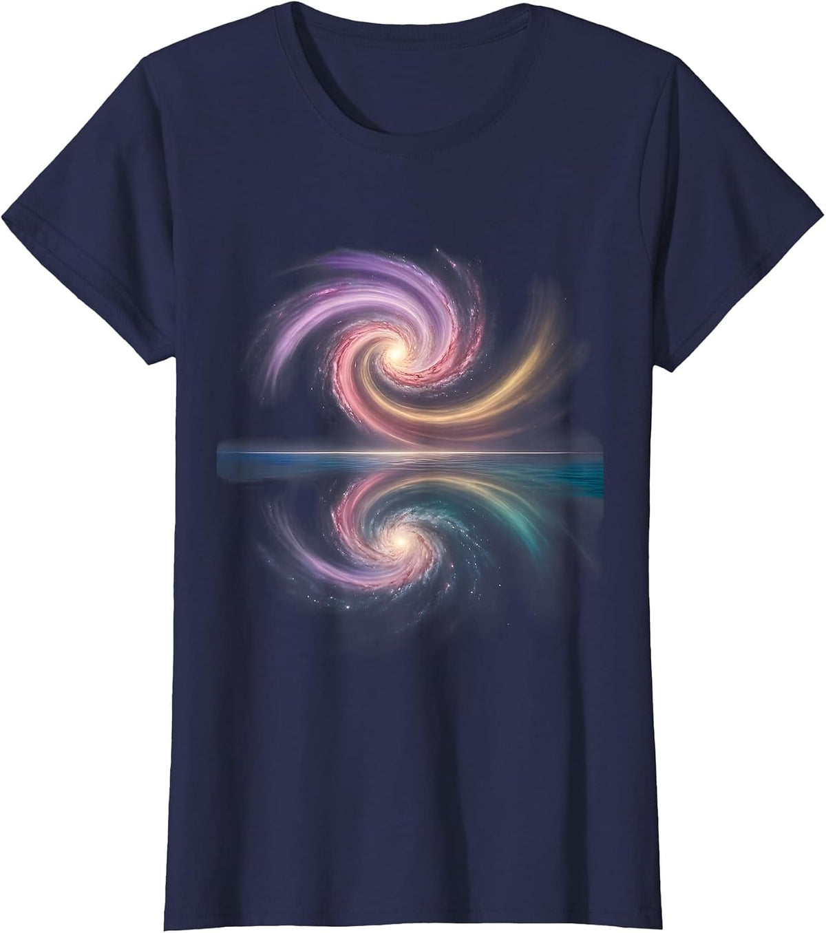Women's Spiral Galaxy Ocean Reflection Cosmic Art T-Shirt - Navy Blue