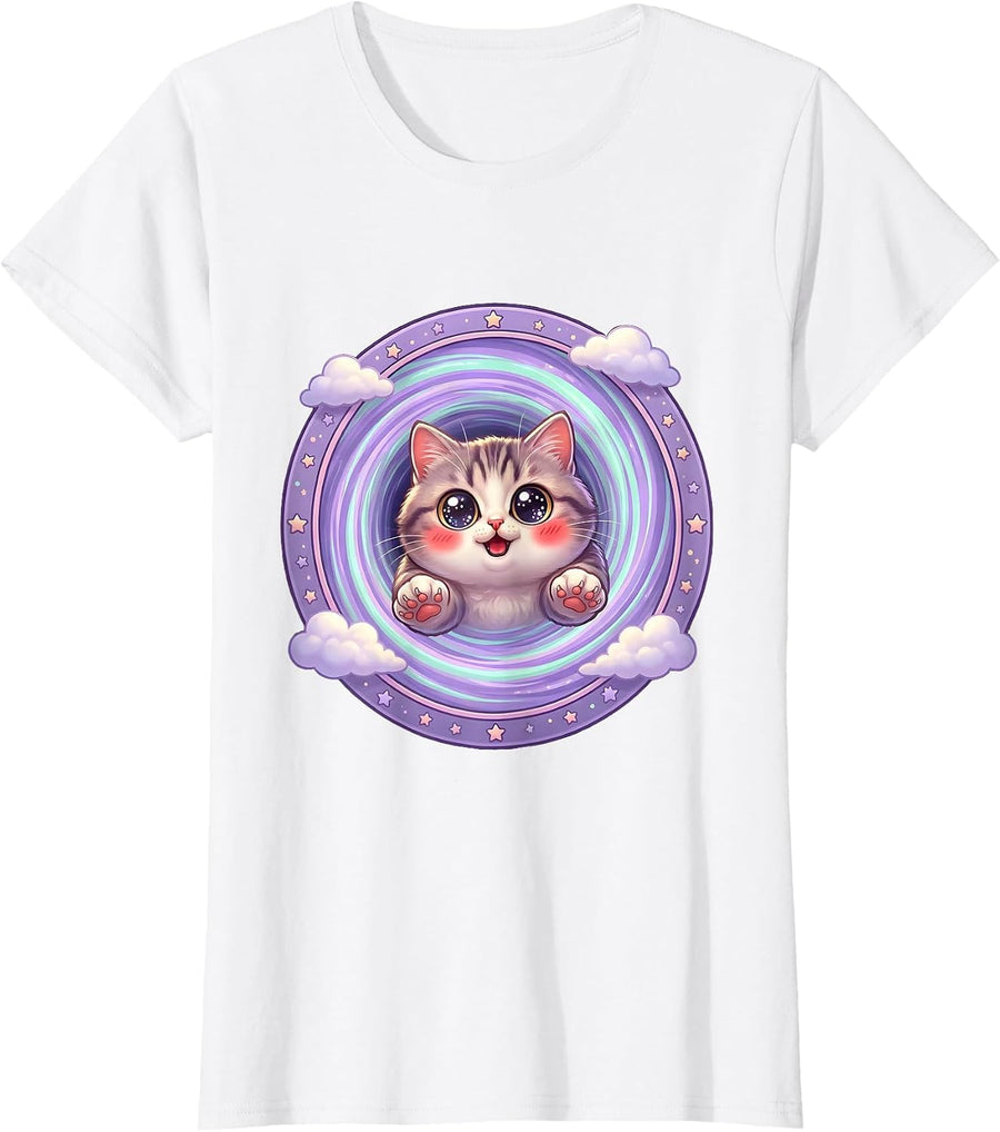 Women's Cat Bursting Through Galaxy Portal T-Shirt - White