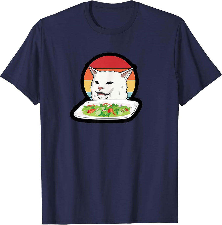 Funny Woman Yelling at Confused Cat Dinner Table Salad Meme T-Shirt - Navy Blue
