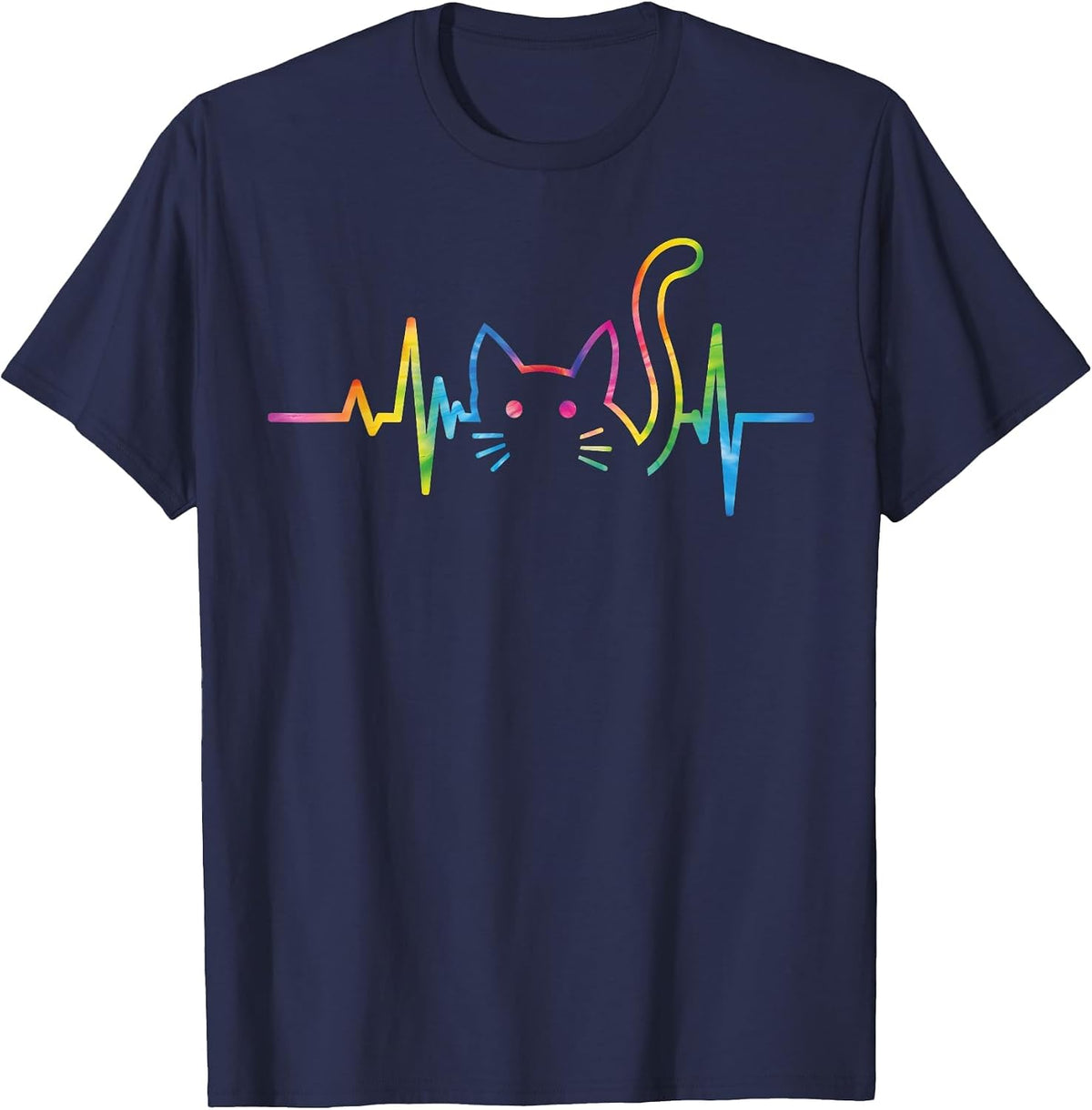 Heartbeat Cat for Women Silhouette Cute Cat Tie Dye Lover T-Shirt - Navy Blue
