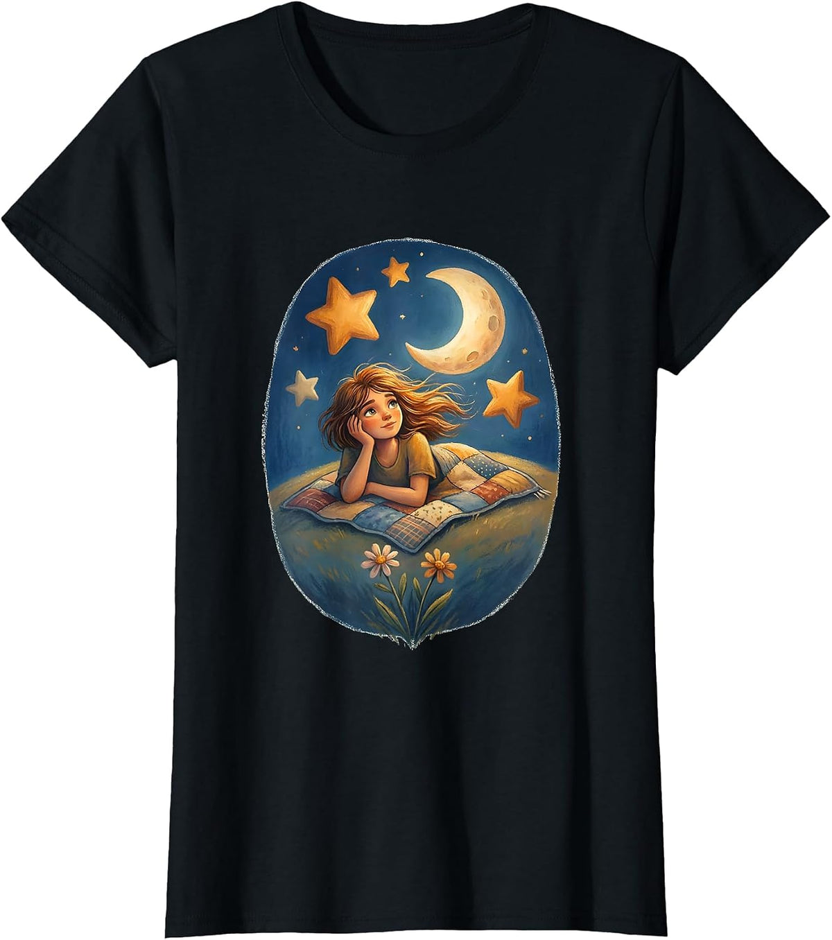 Sally Stargazing Hilltop Night Sky Illustration T-Shirt - Black