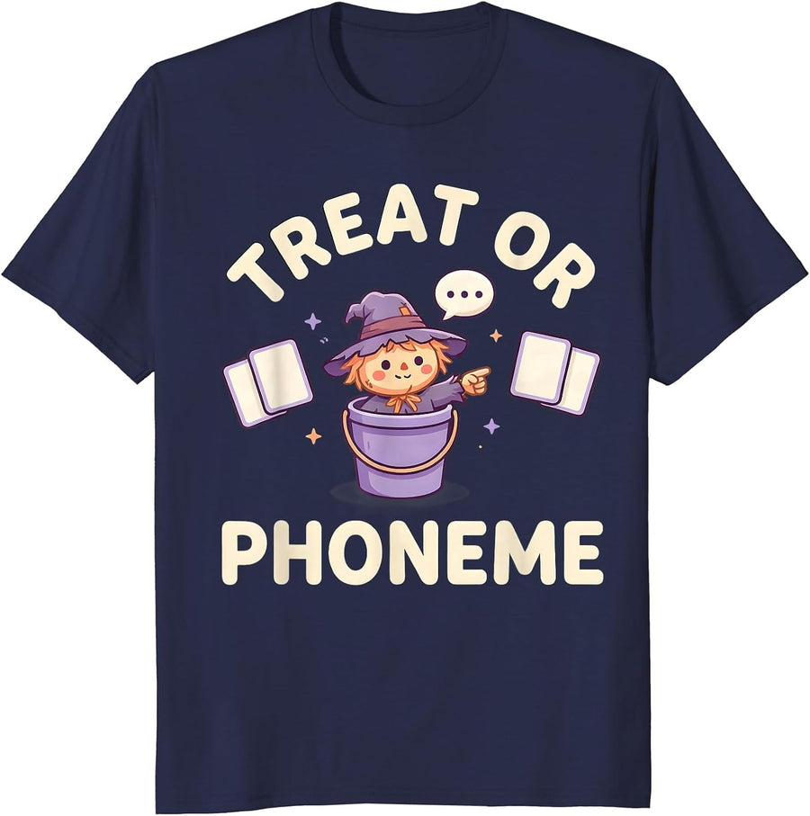 Treat Or Phoneme Cute Kawaii Halloween Speech Therapy SLP T-Shirt - Navy Blue
