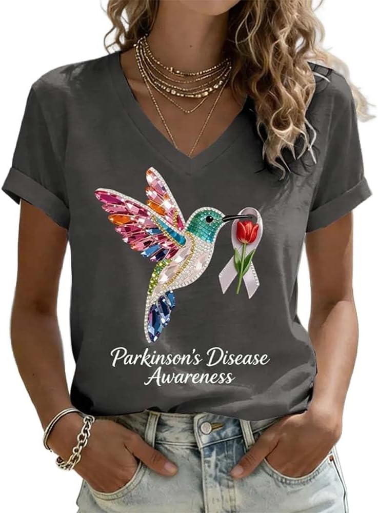 Women's Parkinson's Disease Awareness Print V Neck T-Shirt Hummingbird Red Tulip Ribbon Shirt Parkinson's T - Dark Grey