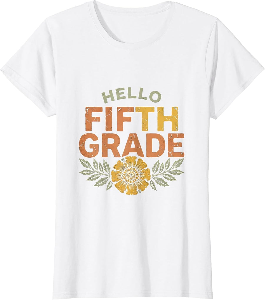 Women's Hello, Fifth Grade Boho Folk Floral Back To School Teacher T-Shirt - White