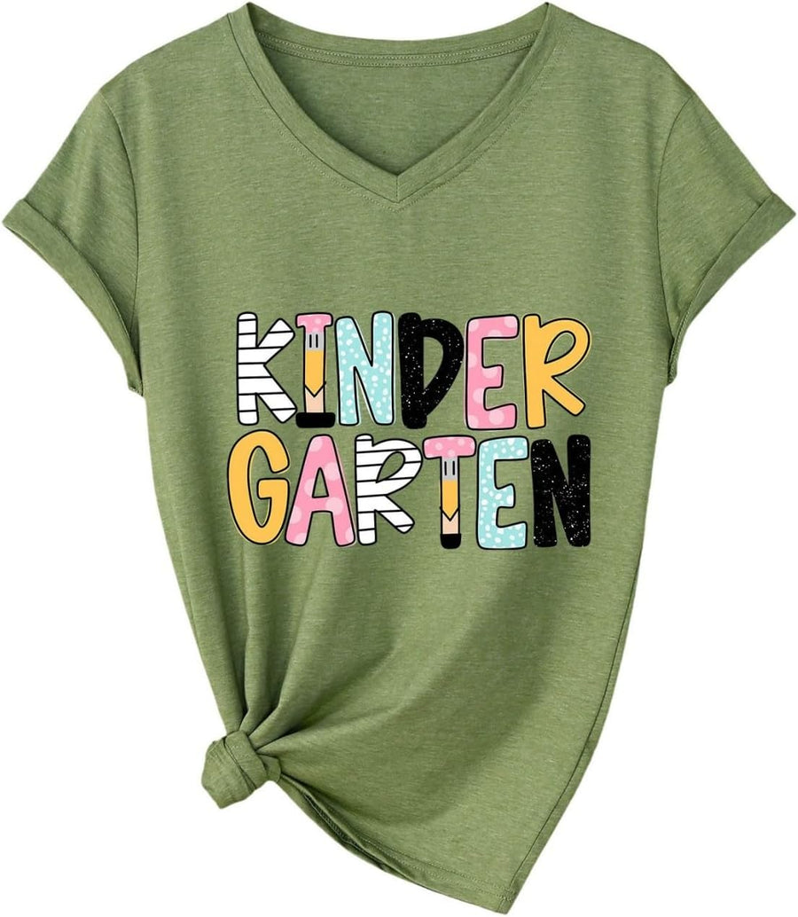 Kindergarten V Neck T‑Shirt Women Kindergarten Teacher Life Tops - Olive Green