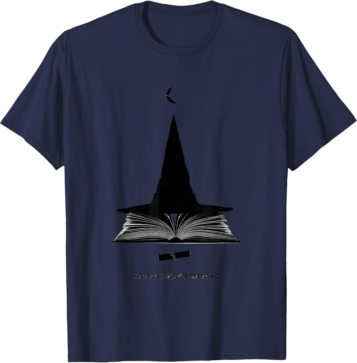 Men's Charged With Unlawful Imagination Minimalist Witch Book T-Shirt - Navy Blue