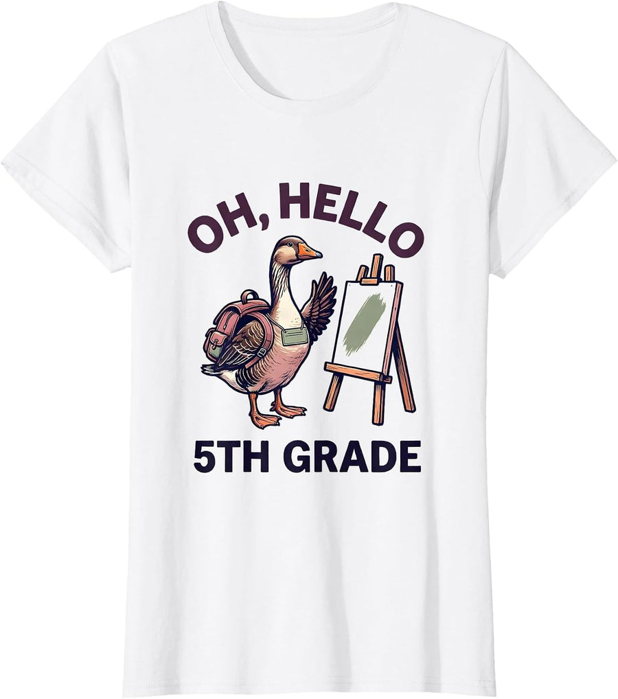 Women's Oh Hello 5th Grade Cute Goose Teacher Back To School T-Shirt - White