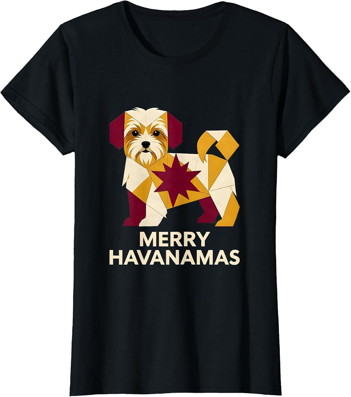 Women's Merry Havanamas Quilt Block Patchwork Havanese Christmas Dog T-Shirt - Black