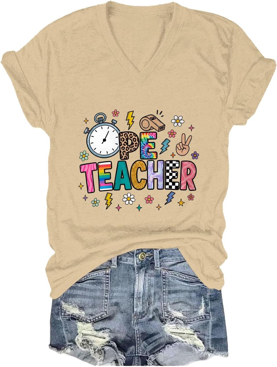 PE Teacher Shirt, Colorful Physical Education Tee, Retro PE Teacher Casual Back to School T-Shirt - V-Neck Khaki-v