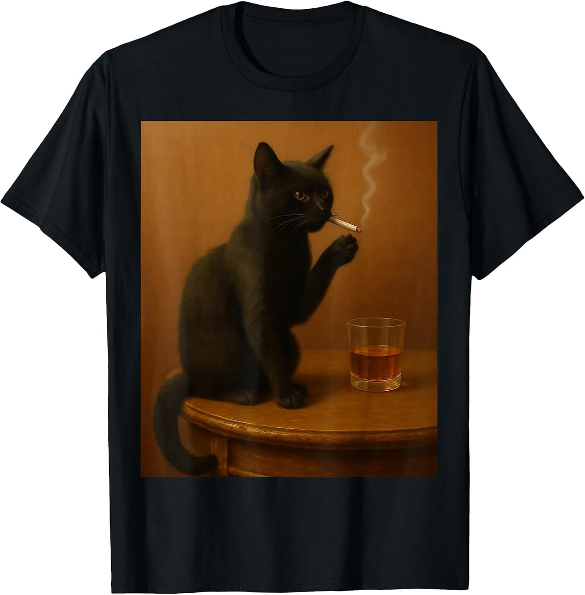 Vintage Black Cat Smoking a Cigarette Funny Cat T-Shirt - Black