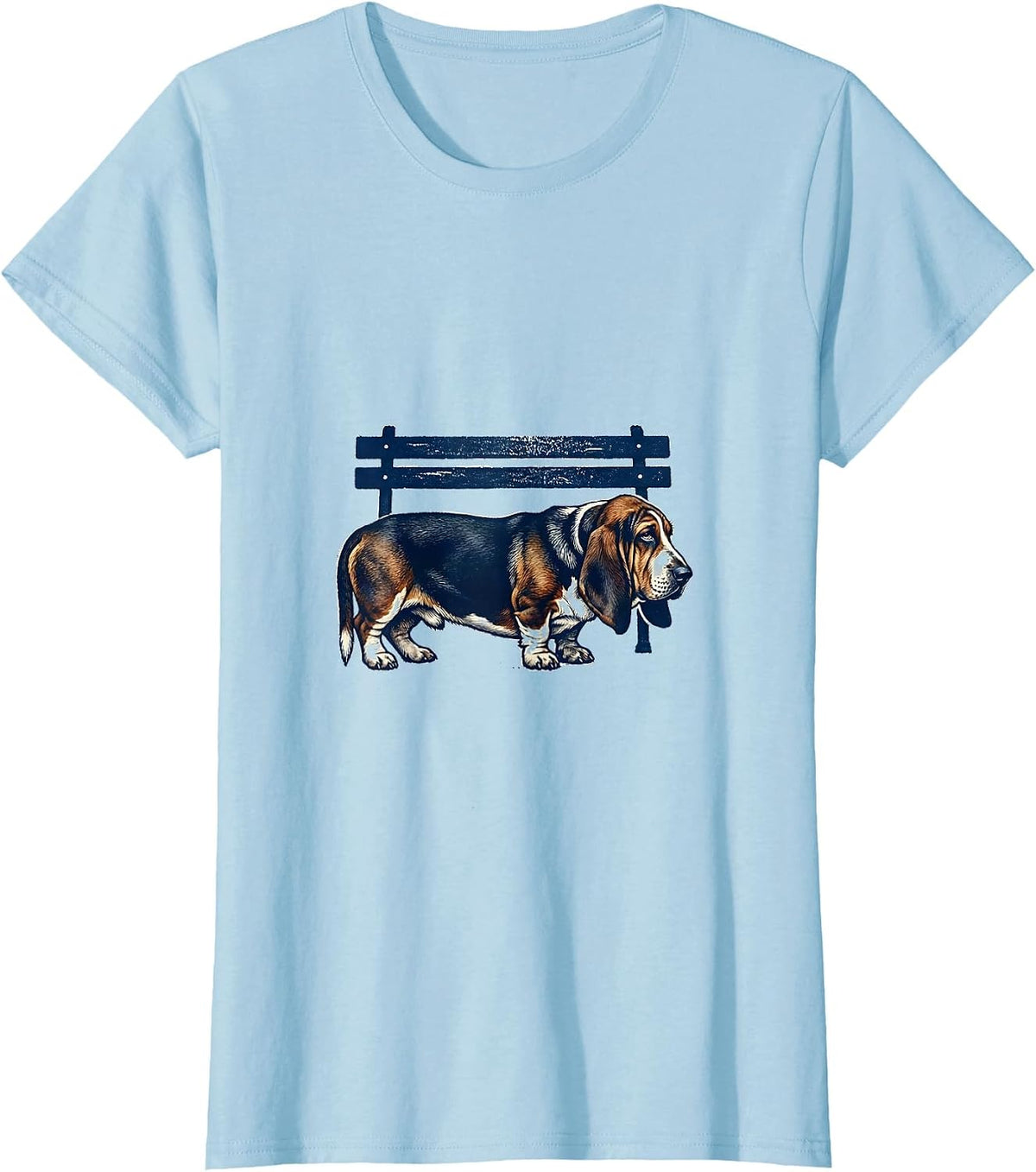 Women's Basset Hound Under Bench Rubber Stamp Dog Lover Humor T-Shirt - Baby Blue