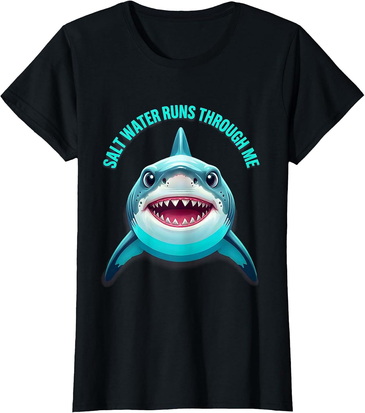 Women's Salt Water Runs Through Me Shark Ocean Design T-Shirt - Black