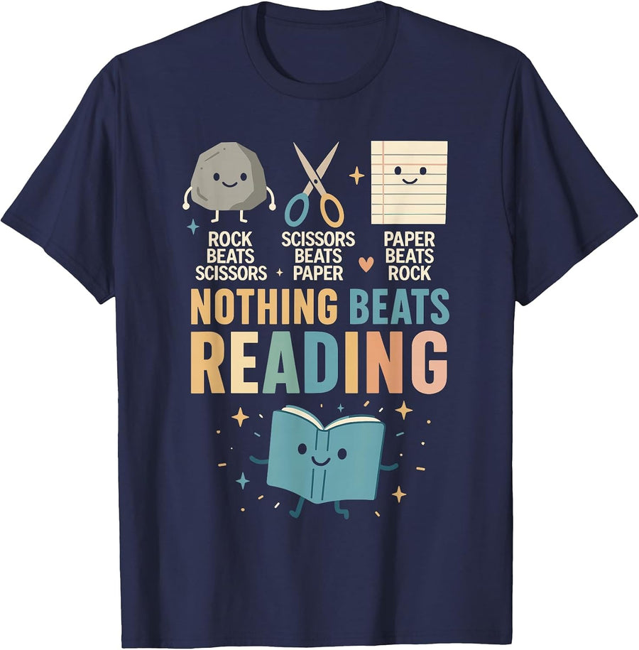 Booktrovert Shirt, Nothing Beat Reading Rock Paper Scissors T-Shirt - Navy Blue