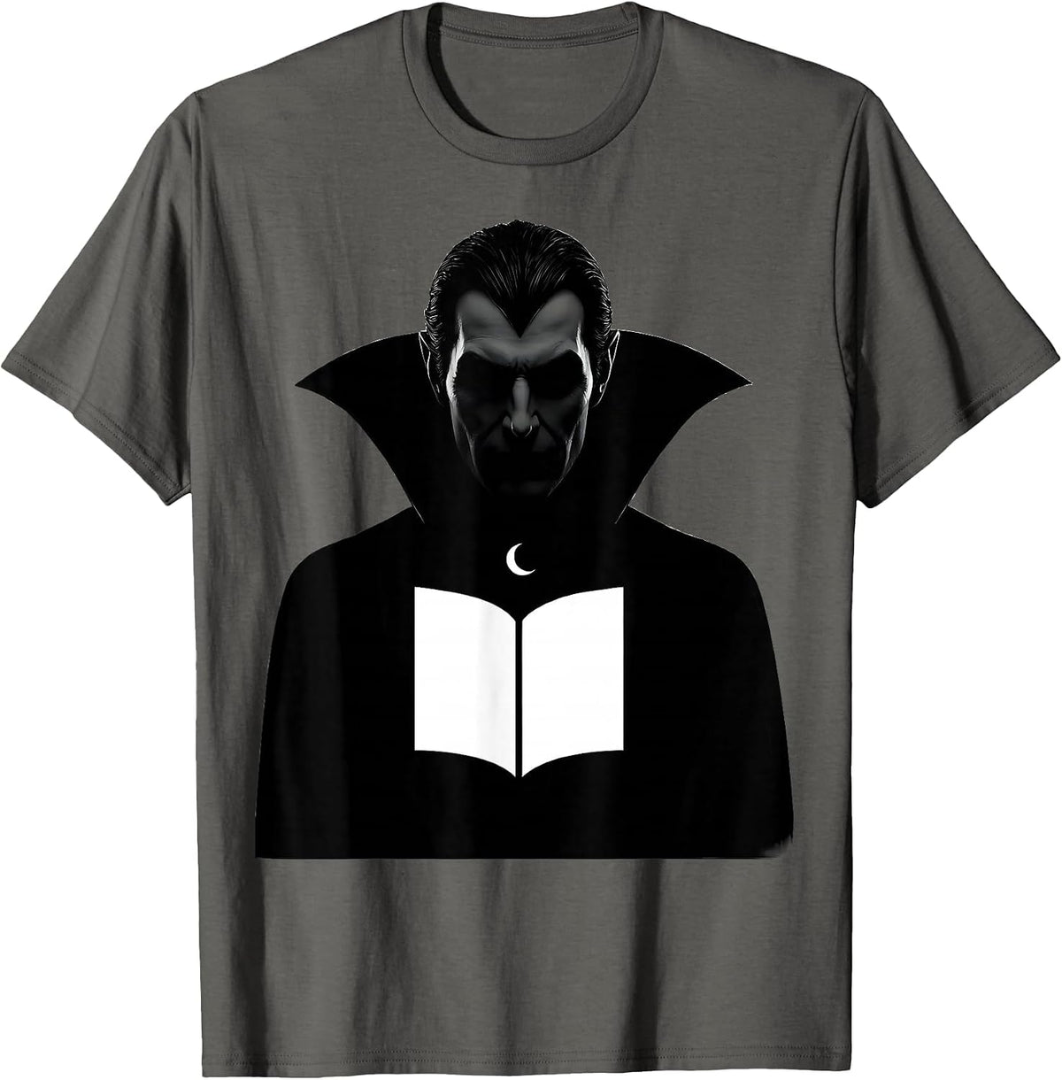 Men's Caped Vampire Bookworm Silhouette Halloween Reader Gift T-Shirt - Asphalt Grey
