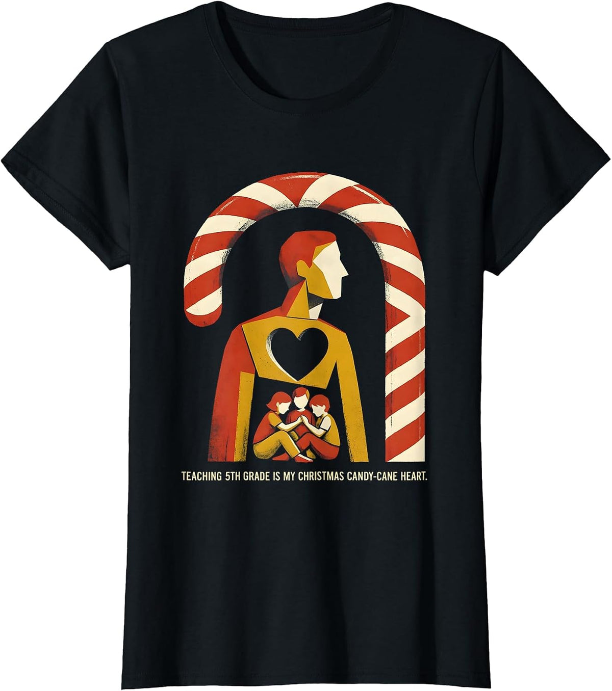 Women's Teaching 5th Grade Is My Christmas Candy-Cane Heart Teacher T-Shirt - Black