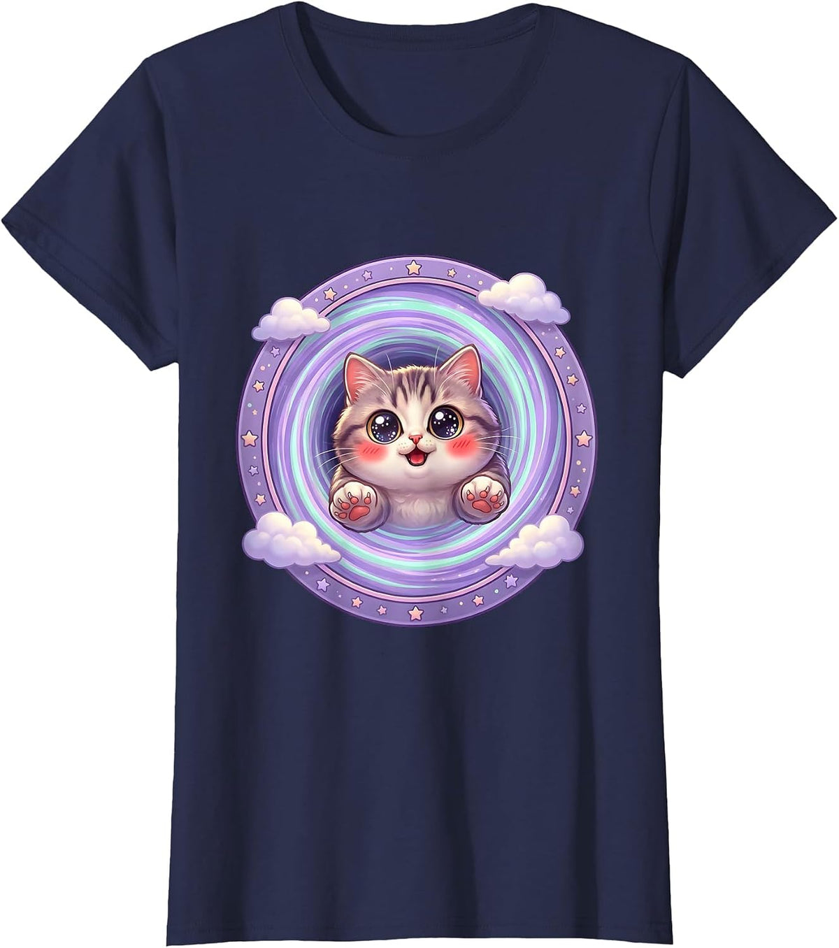 Women's Cat Bursting Through Galaxy Portal T-Shirt - Navy Blue
