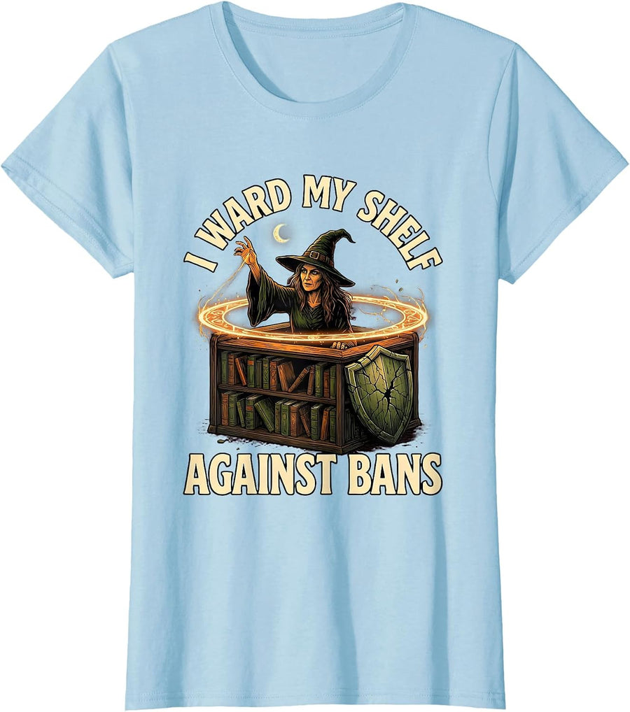 Women's I Ward My Shelf Against Bans Witchy Banned Books Halloween T-Shirt - Baby Blue