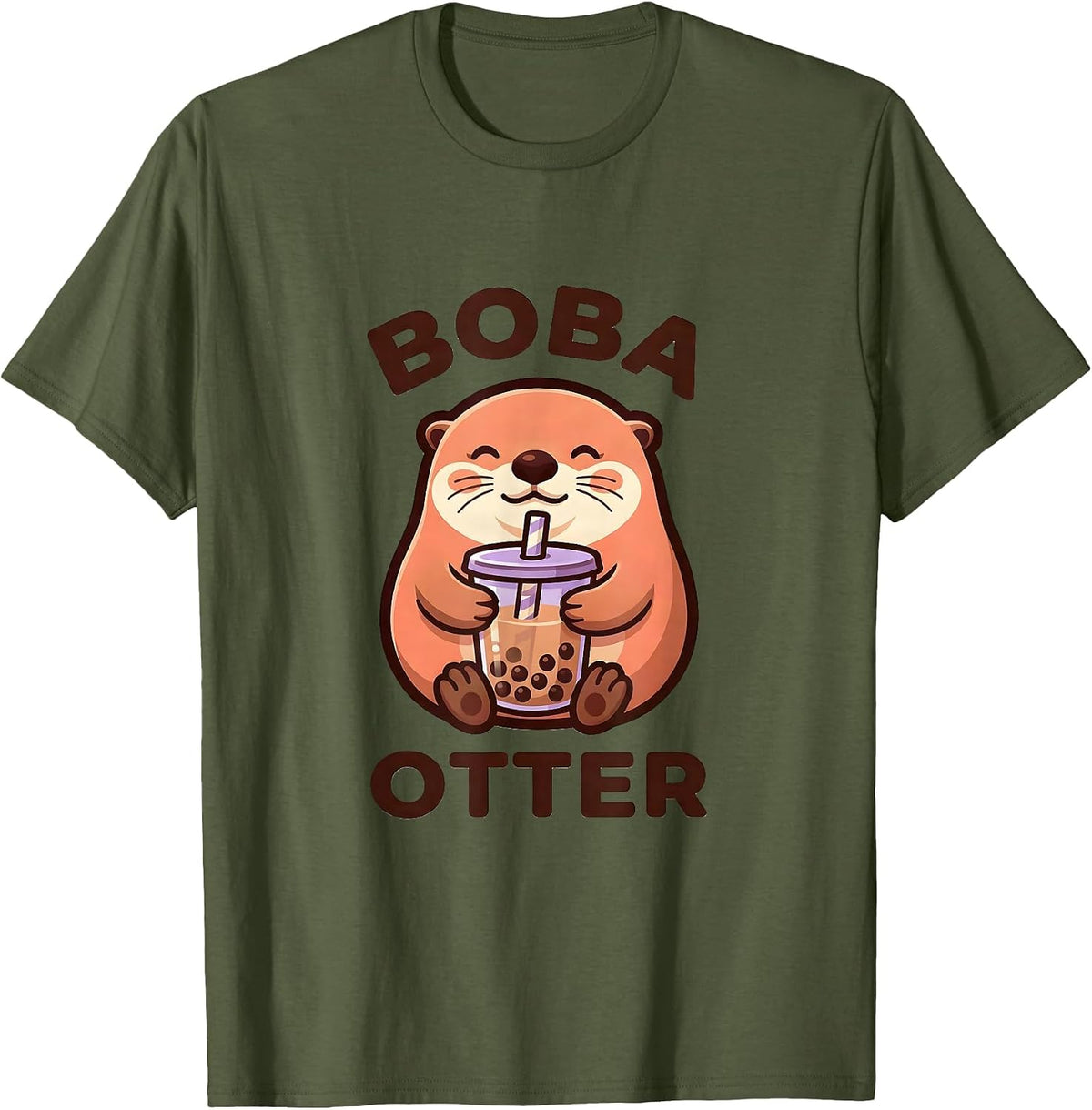 Boba Otter Cute Kawaii Animal Boba Tea Lover Gift T-Shirt - Olive Green