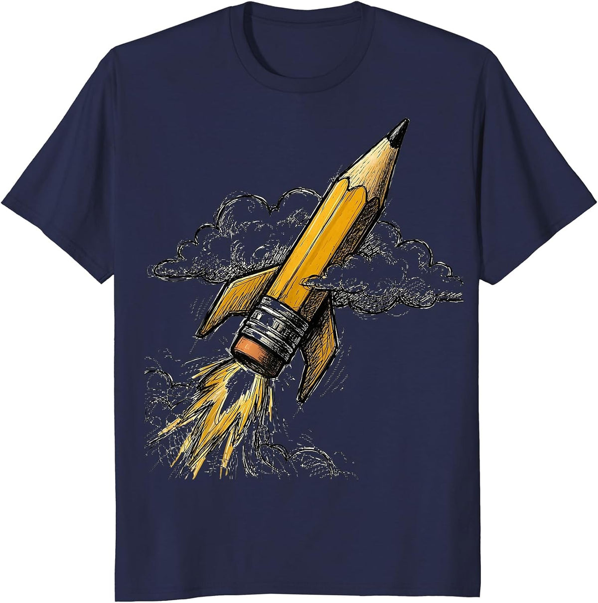 Pencil Rocket Ship Blasting Through Clouds Teacher T-Shirt - Navy Blue