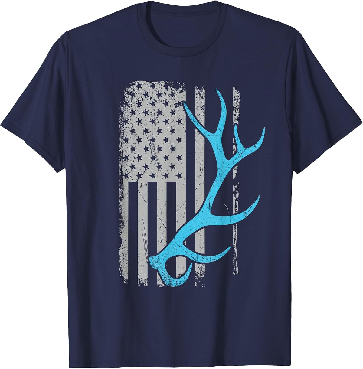 Elk Hunter - Vintage USA Flag Shed Antlers T-Shirt - Navy Blue