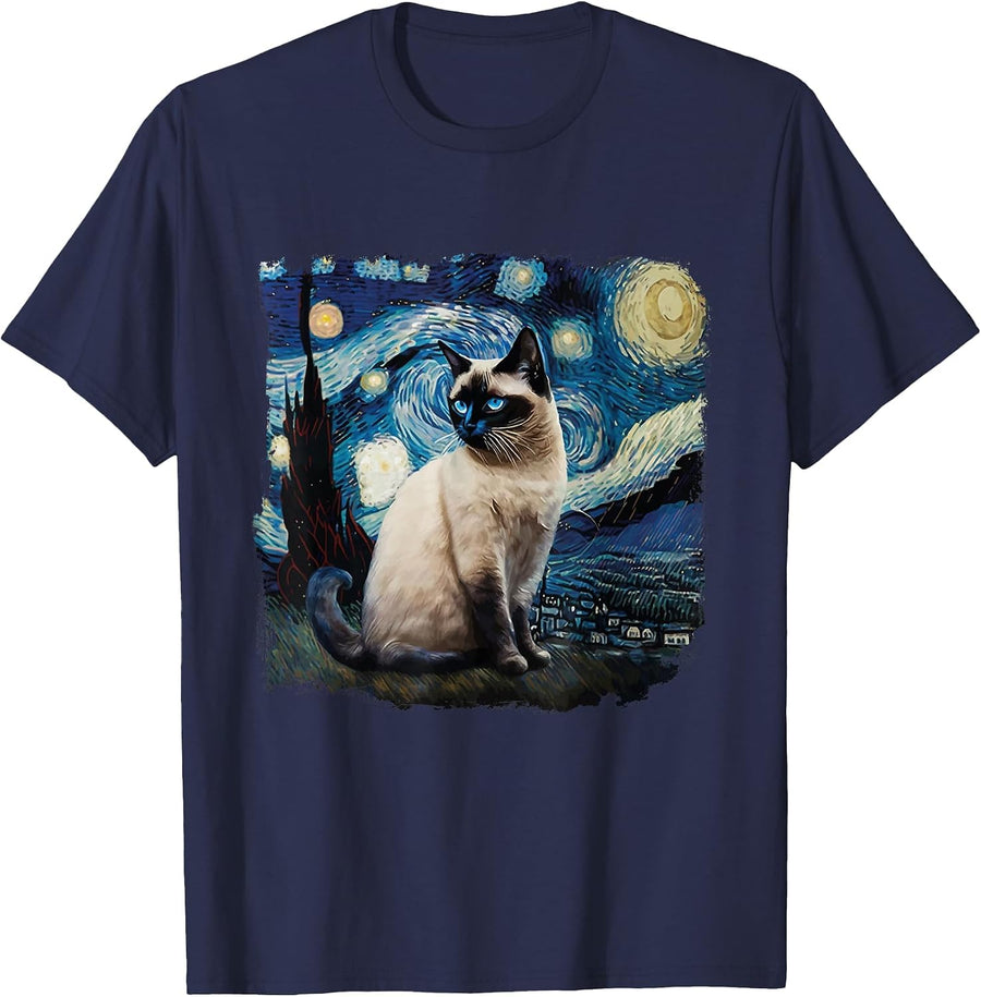 Cute Van Gogh Starry Night Cat Siamese Cat Lover Funny T-Shirt - Navy Blue