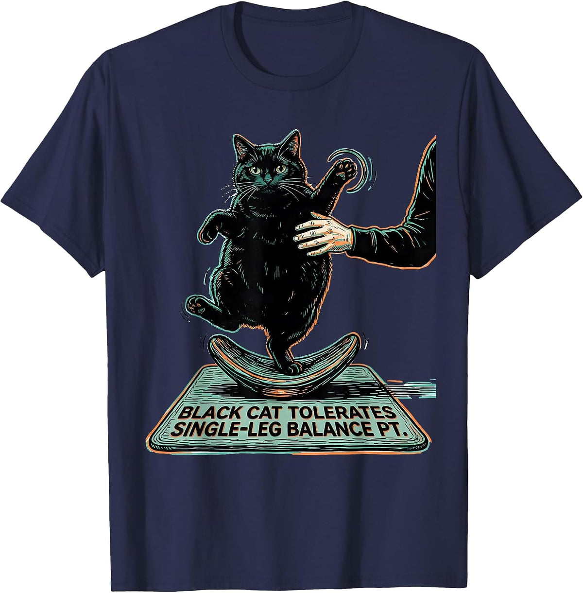 Black Cat Tolerates Single-Leg Balance PT Halloween T-Shirt - Navy Blue