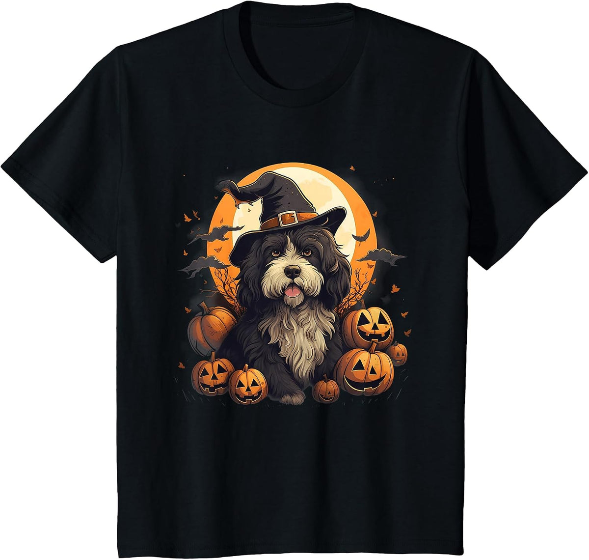 Spooky Bernedoodle Dog Witch Halloween T-Shirt - Black
