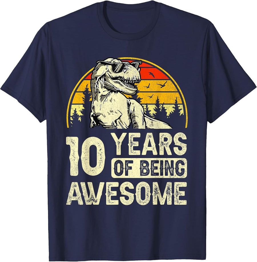 10th Birthday Shirt Boys 10yr Ten 10 Year Old Dinosaur T-Rex T-Shirt - Navy Blue