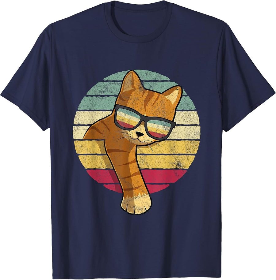 Retro Tabby Cat - Funny Orange Cat Sunglasses T-Shirt - Navy Blue