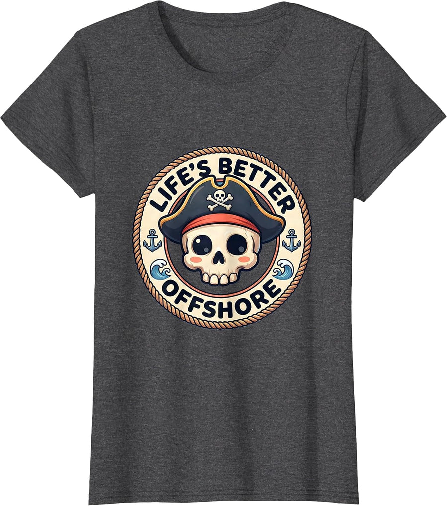 Women's Life's Better Offshore Pirate Adventure Design T-Shirt - Dark Heather Grey