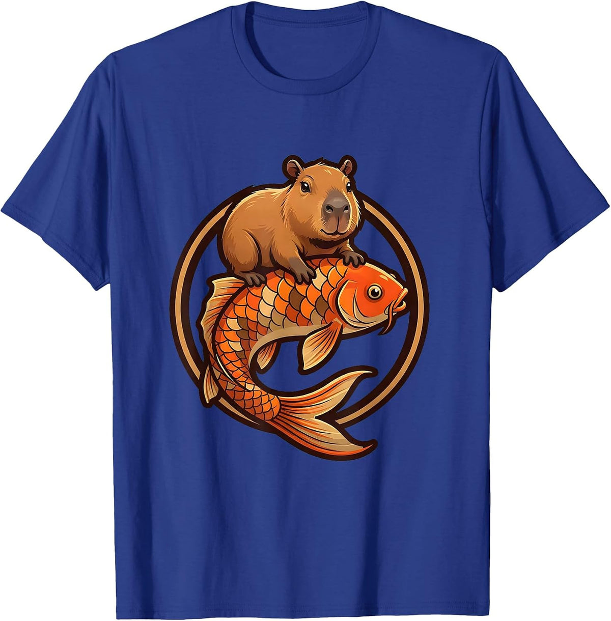 Capybara Riding Giant Koi Fish Graphic T-Shirt - Royal Blue