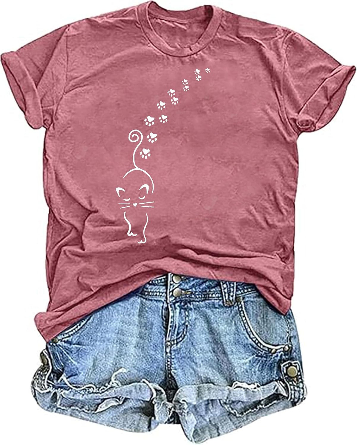 BOMYTAO Cute Cat Shirt for Women Cat Mom Heartbeat Paw Print T-Shirt Short Sleeve Casual Tee Top - size chart