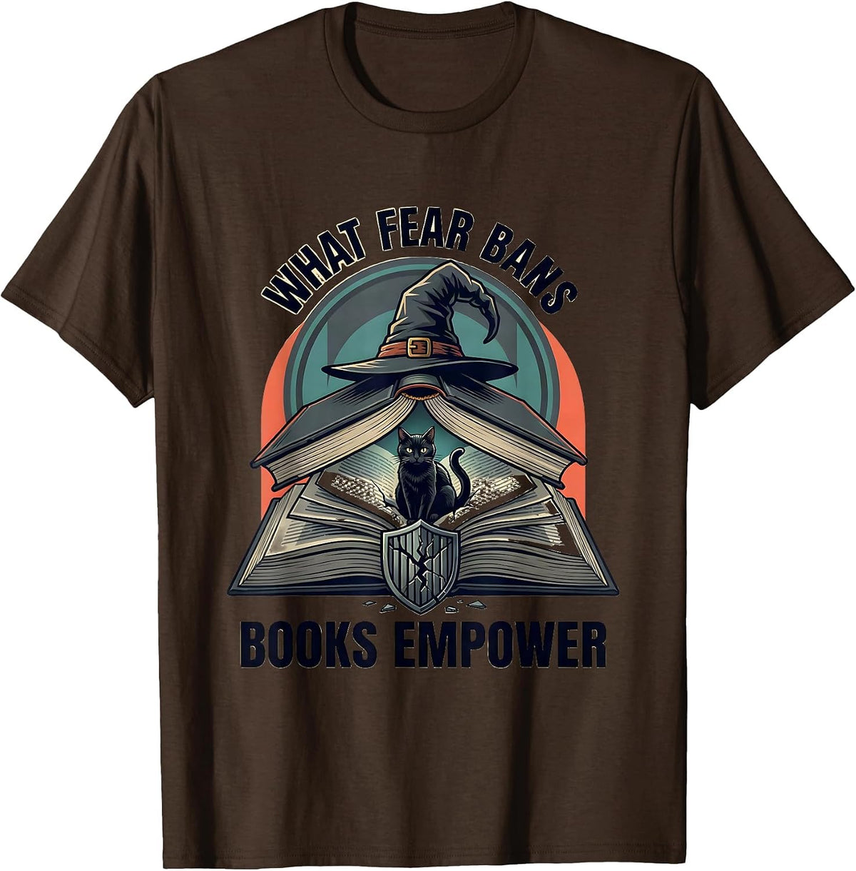Men's What Fear Bans, Books Empower Flat Vector Witch Halloween T-Shirt - Brown