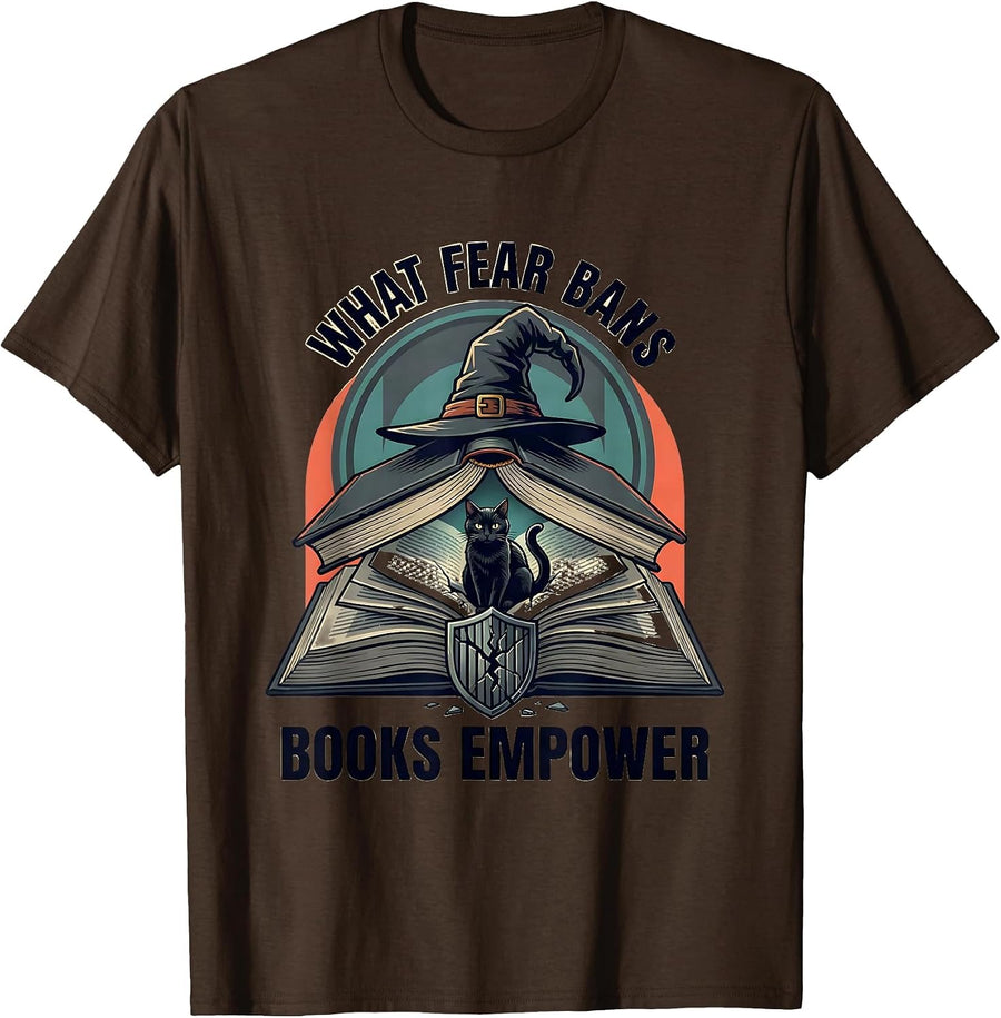 Men's What Fear Bans, Books Empower Flat Vector Witch Halloween T-Shirt - Brown