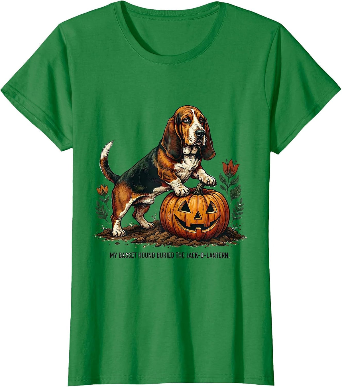 Women's My Basset Hound Buried The Jack-O'-Lantern Funny T-Shirt - Kelly Green
