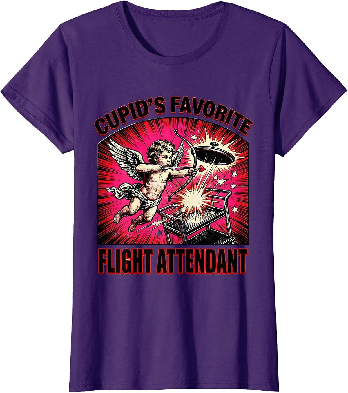 Women's Cupid's Favorite Flight Attendant Funny Valentine Angel T-Shirt - Purple
