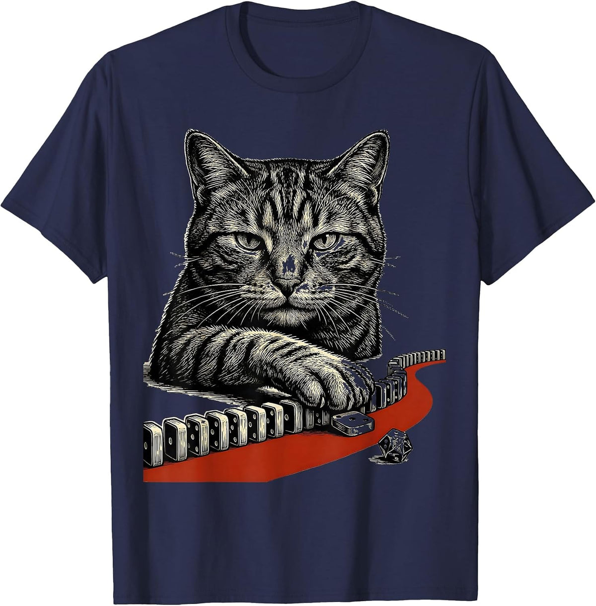 Cat Side Quest Woodcut Engraving RPG Gamer Gift T-Shirt - Navy Blue