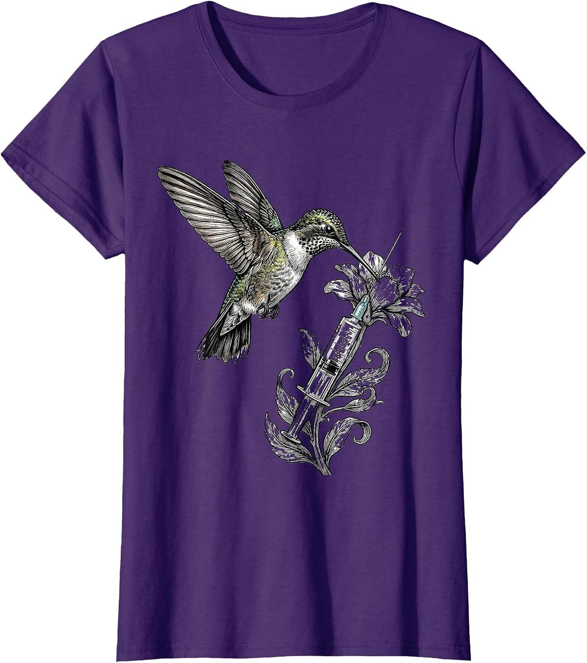 Women's NICU Nurse Hummingbird Syringe Floral Design T-Shirt - Purple