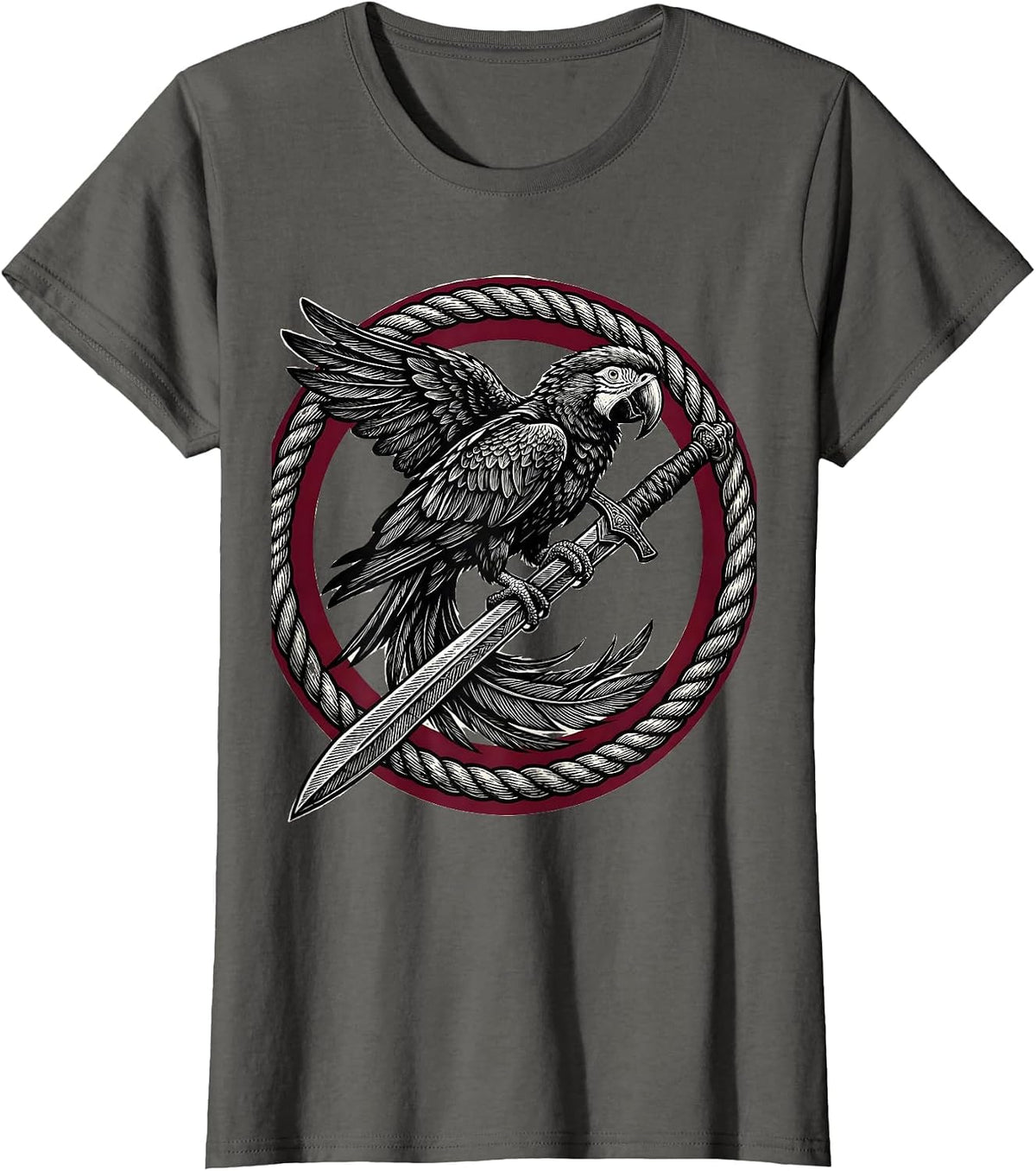 Women's Pirate Parrot Perched on Sword Graphic T-Shirt - Asphalt Grey