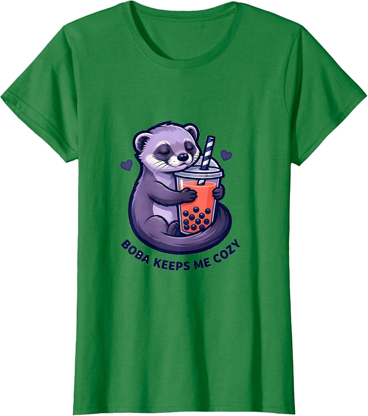 Women's Boba Keeps Me Cozy Kawaii Ferret Boba Tea Lover Gift T-Shirt - Kelly Green