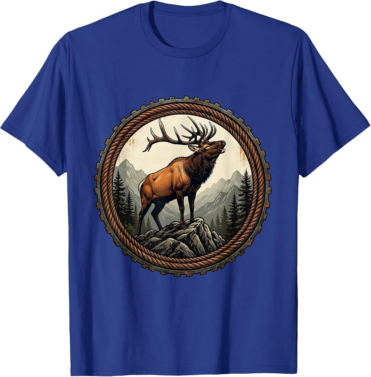 Elk Bugling on Rocky Mountain Ridge Design T-Shirt - Royal Blue