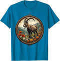 Mexico Goat Hillside Wildflowers Illustration T-Shirt - Sapphire Blue
