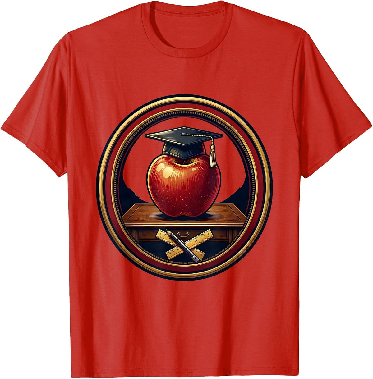 Men's Preschool Teacher Apple Graduation Cap Desk Art T-Shirt - Red