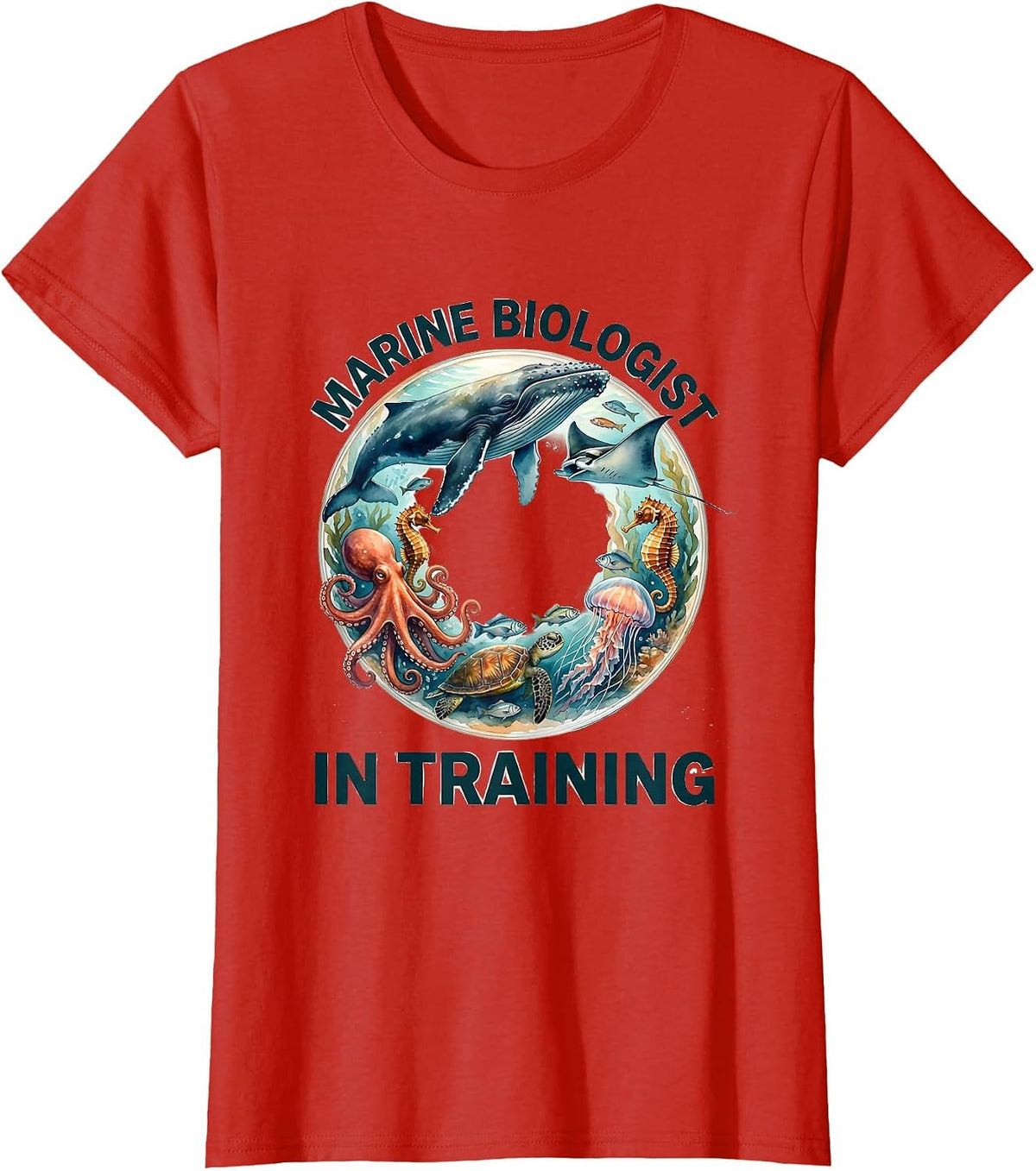 Women's Marine Biologist In Training Watercolor Ocean Animals Whale T-Shirt - Red