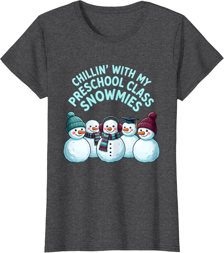 Women's Chillin' With My Preschool Class Snowmies Teacher T-Shirt - Dark Heather Grey