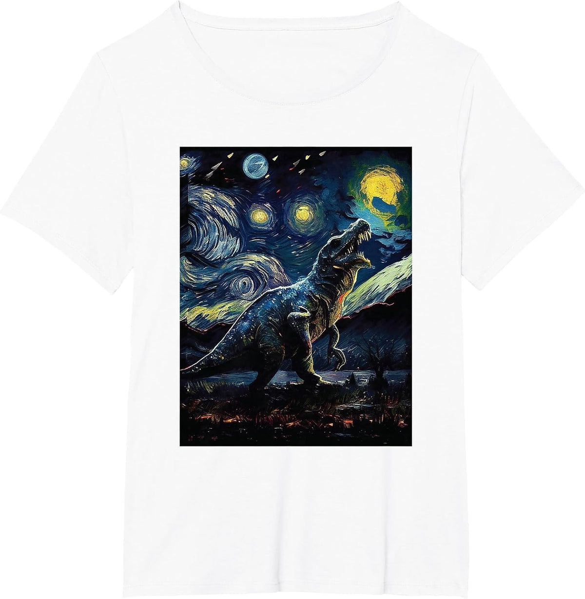 Dinosaur Painting Van Gogh Art Starry Night Sky T-Shirt - White
