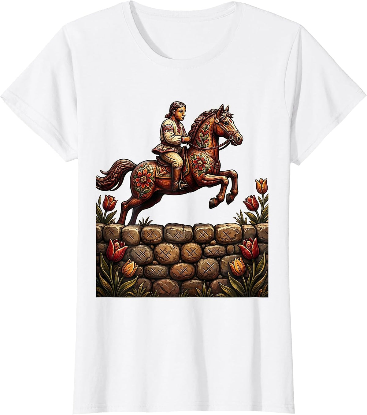 Equestrian Show Jumping Over Stone Wall T-Shirt - White
