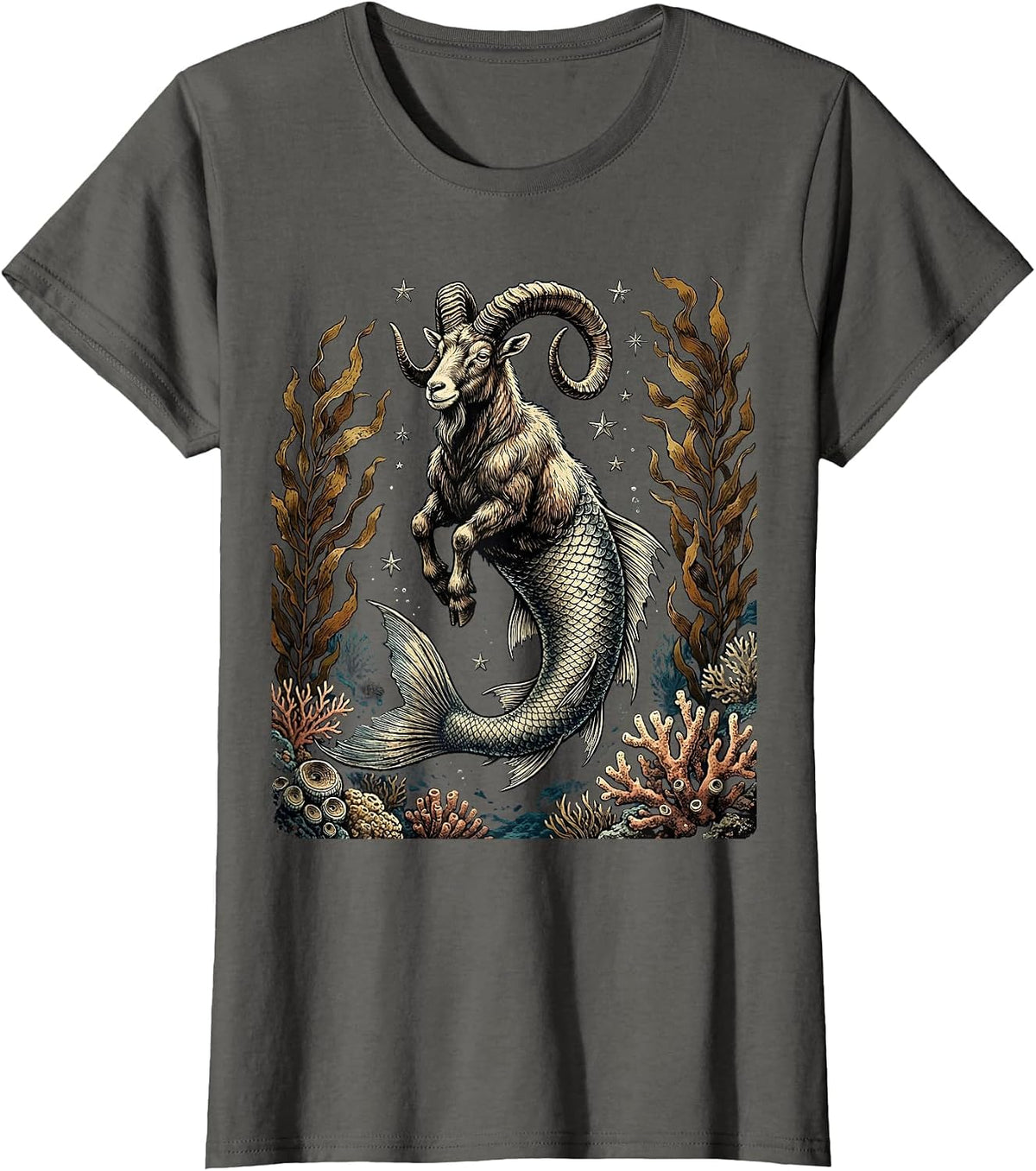 Women's Capricorn Zodiac Deep Sea Fish-Tailed Goat T-Shirt - Asphalt Grey