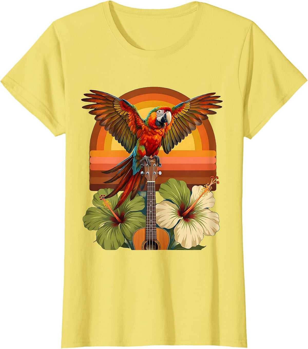 Tropical Parrot on Ukulele Hawaiian Graphic T-Shirt - Lemon Yellow